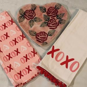 Vintage Valentine Decor Ancora Hand Painted Heart Plate and Tea Towels NEW